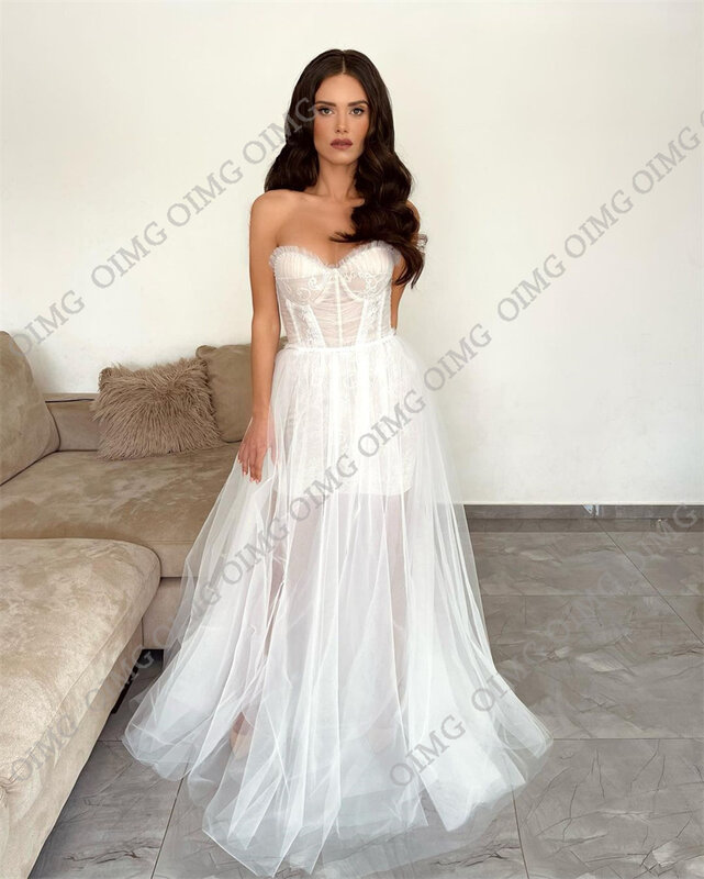 Oimg elegant eine Linie Tüll lange formale Brautkleider Spitze Seite Schlitz Vintage Braut Prinzessin Brautkleider Kleid Vestidos