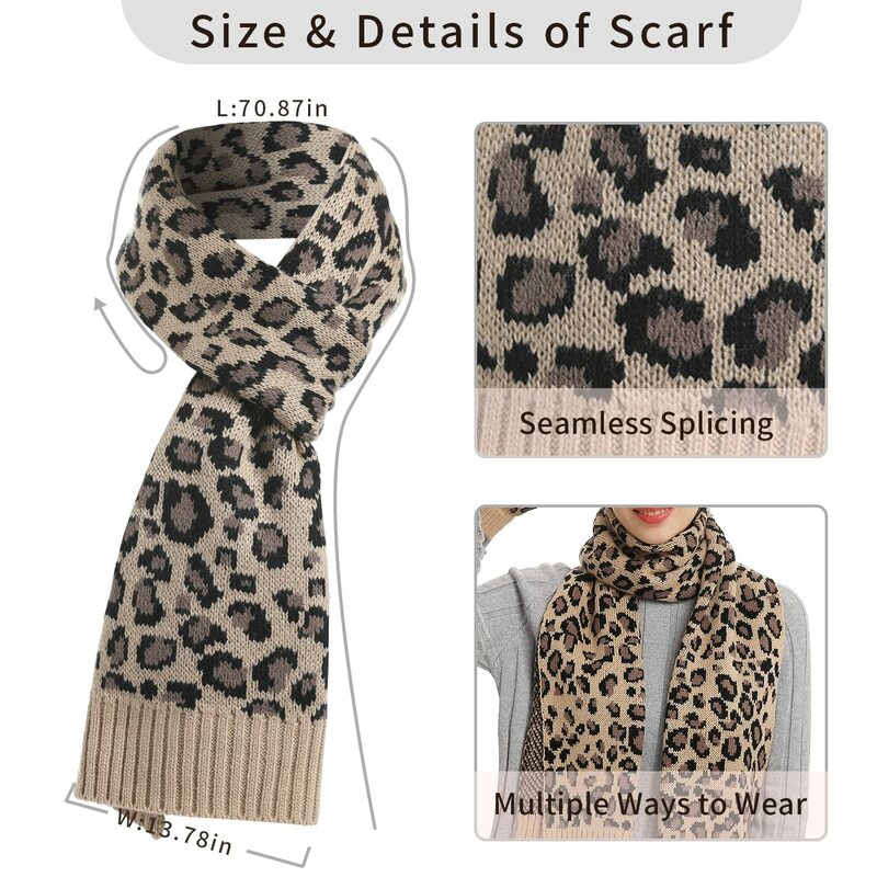 Женский зимний теплый комплект, Шапка-бини с флисовой подкладкой, перчатки с пальцами, плотный шарф, вязаная шапка-глушитель, шейный платок с леопардовым принтом