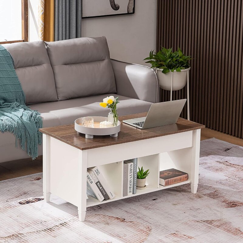Lift Top Coffee Table White With Storage Shelf/Hidden Compartment Café Furniture