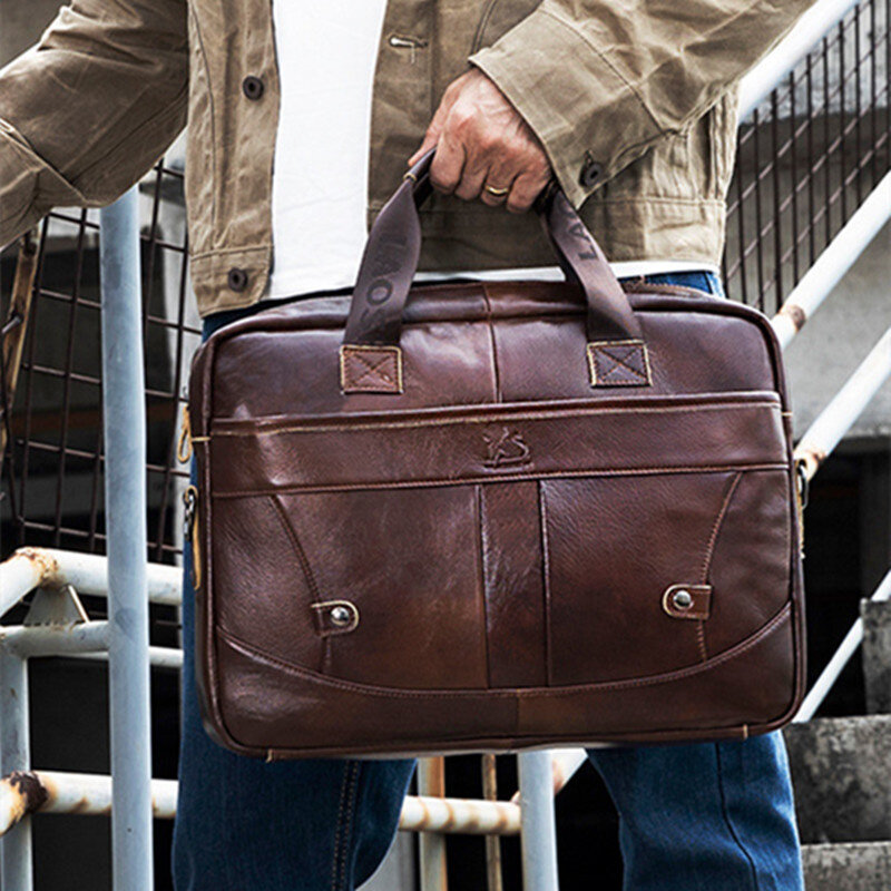 Tas kantor kulit asli Vintage pria, tas Laptop bisnis pria tas tangan perjalanan kasual pria tas bahu selempang