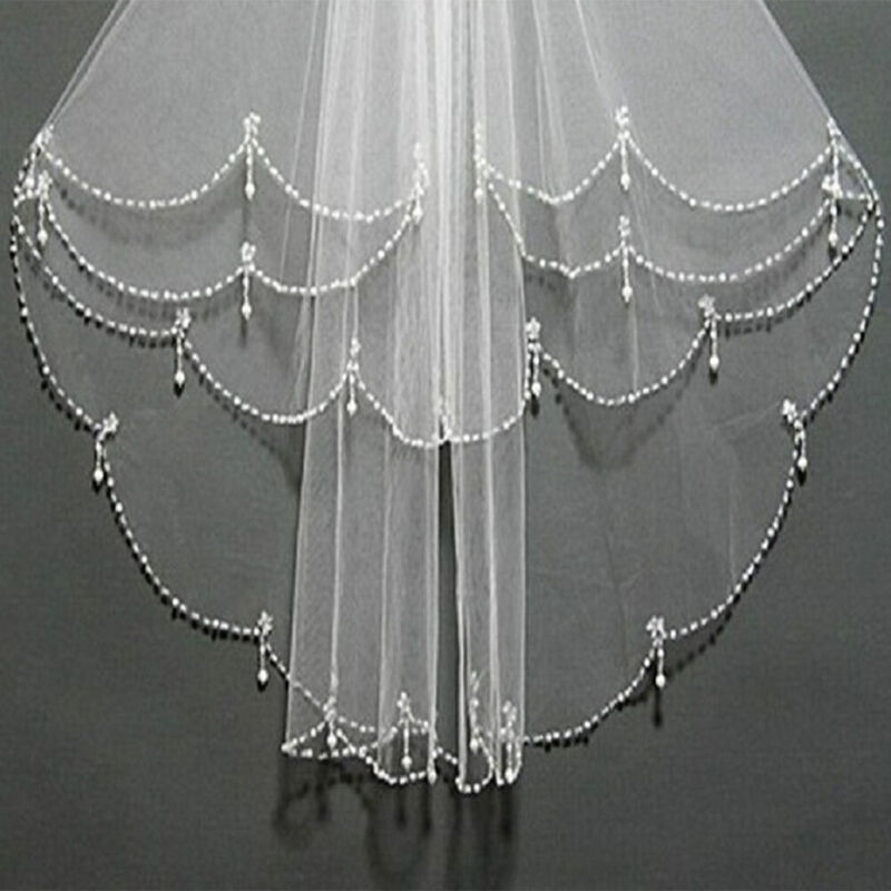 New 2 Layer White/Ivory Elbow Length Beads Edge Wedding Bridal Veil + Comb