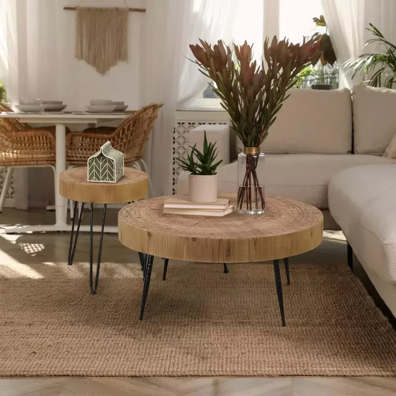 Farmhouse Round Coffee Table Set of 2 Furniture Modern Circle Natural Wood Finsh Side and End Table Sets for Living Room Tables