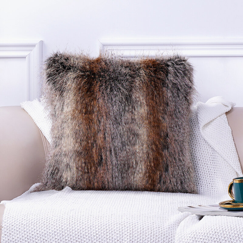 Luxury Faux Fur Sofa  Cushion Cover For Living Bed Room  Chairs Brown Plush Soft Pillowcase For Decoration 45*45CM Home Decor