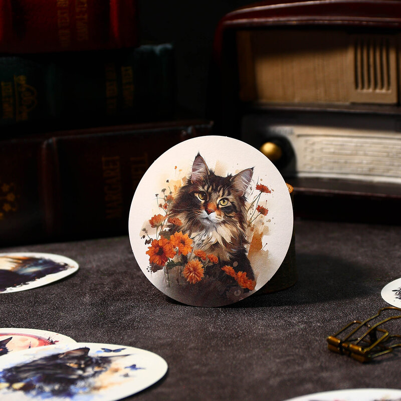 Pegatinas de papel DIY de la serie Mysterious Cat, decoración creativa retro, 8 paquetes por lote