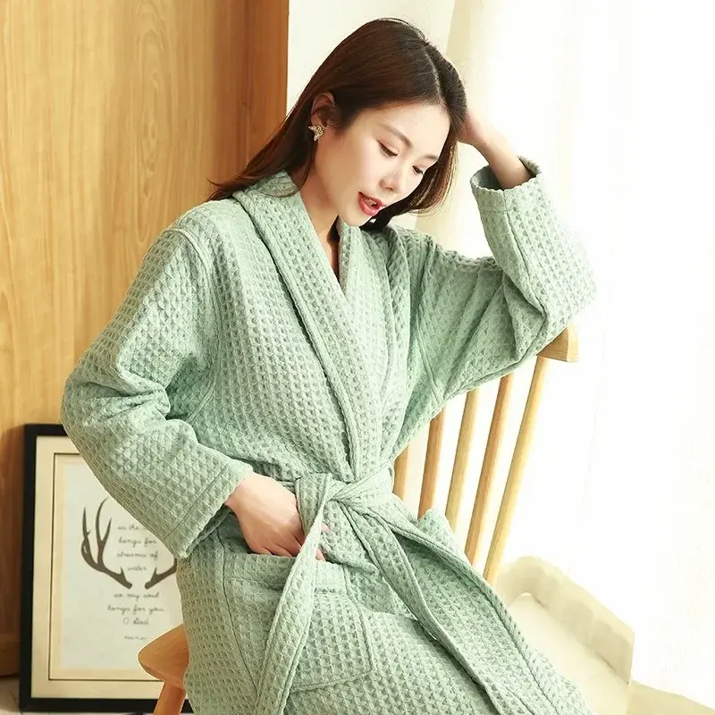 2 Layer Waffle Hotel Robe Men 100%Cotton Kimono Bathrobe Towel Bath Robe Water Uptake Robes Women Long Dressing Gown Sleepwear