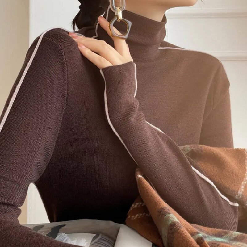 Pullover Sweater rajut hangat wanita, Sweater rajut bergaris Turtleneck, Sweater rajut hangat elegan musim semi musim gugur Y2K, baju kantor desain sederhana untuk wanita