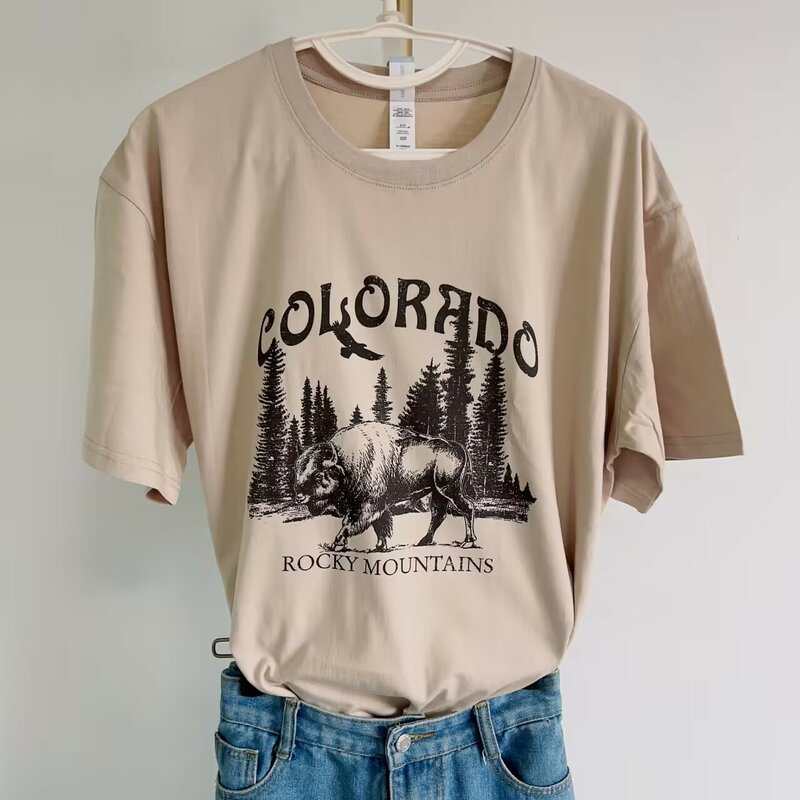 Camiseta feminina colorado buflo estampada branca, camiseta retrô do deserto, moda algodão de manga curta, tops estampados com o pescoço