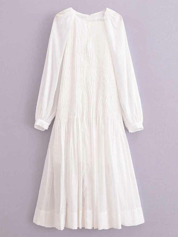 Женское Плиссированное Платье-миди с круглым вырезом, длинным рукавом и молнией сзади