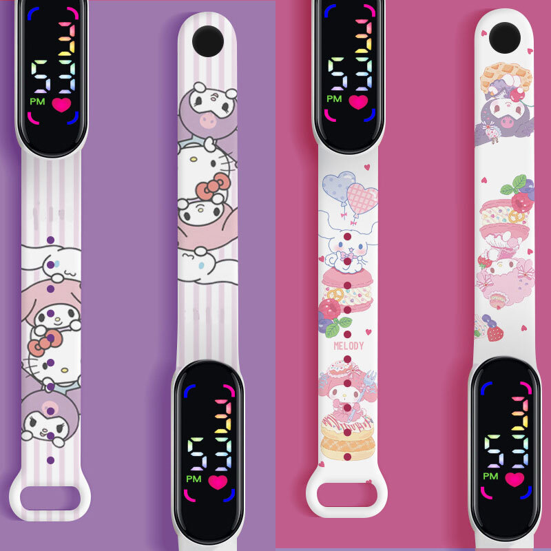 Аксессуары Sanrio, часы Hello Kitty, часы Kuromi, электронные часы Cinnamoroll, светодиодная фигурка аниме, игрушка моя мелодия, подарок для студентов и детей