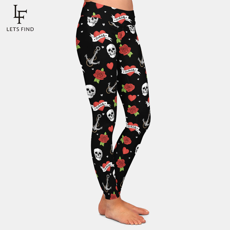 LETSFIND – legging de Fitness taille haute pour femme, vêtement de bonne qualité, à la mode, avec imprimé de Roses, cœurs et têtes de mort, 2020