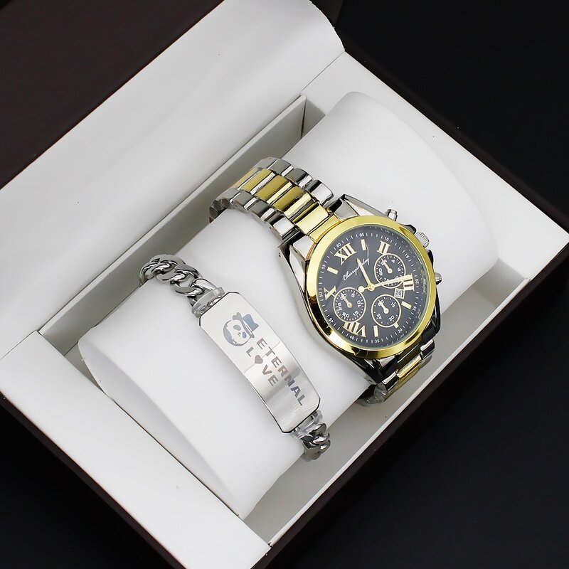 커플 시계 세트 남성용 쿼츠 스틸 시계, 연인용 럭셔리 손목 시계, Relogio Feminino, 팔찌 목걸이 선물, 4 개