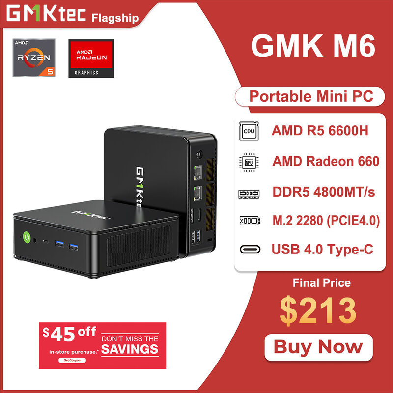 GMKtec 게이밍 미니 PC, M6 AMD R5, 6600H, 6 코어, 12 스레드, 32GB, DDR5, 1TB SSD, 미니 컴퓨터, PC 게이밍 데스크탑