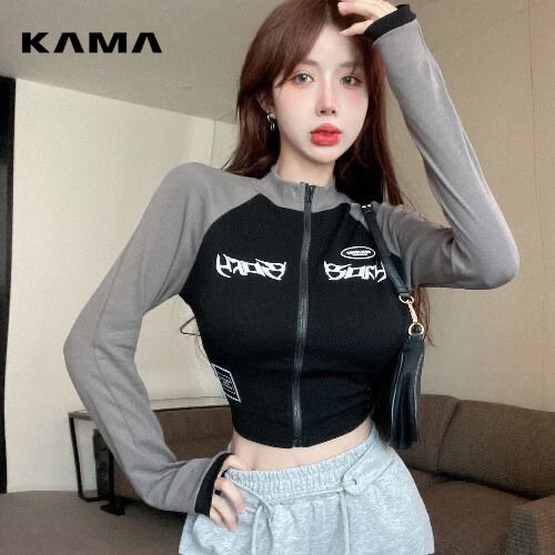 KAMA Y2K T-shirt w stylu Vintage kobiet wiosna długi rękaw O dekolt krótki Top koreańska moda Vintage główna ulica zapinane na zamek koszulki Streetwear