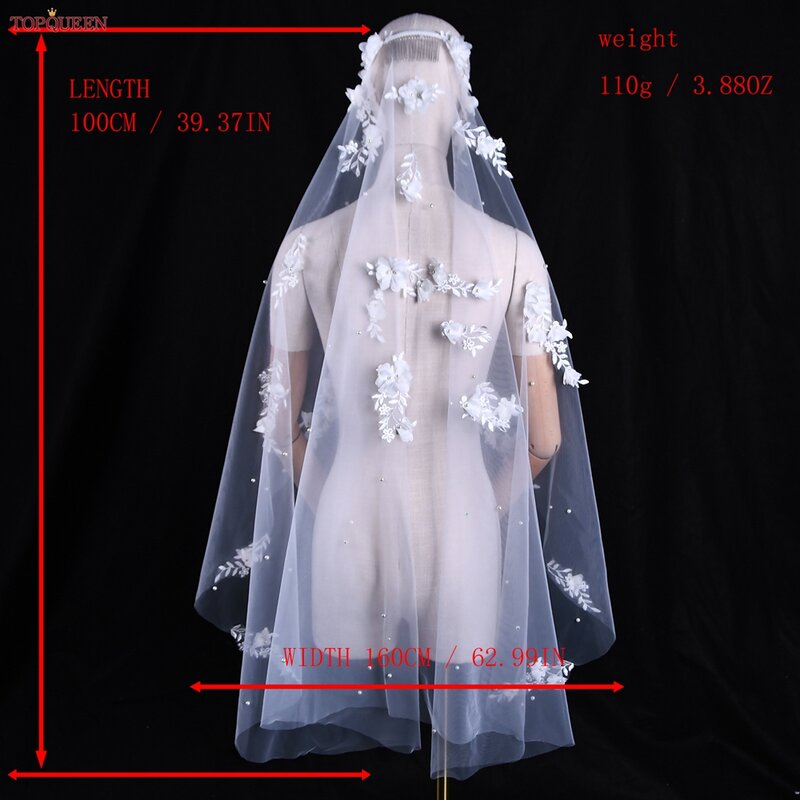 TOPQUEEN-الحجاب الزفاف مع اللؤلؤ ، والزهور 3D ، إسقاط الكاتدرائية ، طويلة ، الفاخرة ، 3 M ، V52