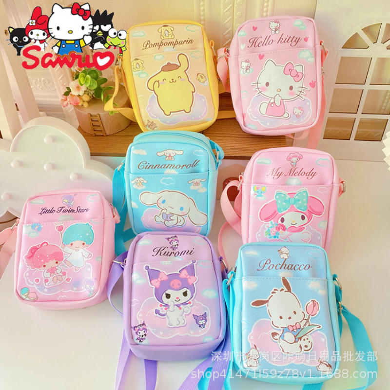 Sanrio Melody Kuromi Hello Kitty Cinnamoroll Pochacco ponsel tas belanja Headphone penyimpanan uang tas bahu selempang tubuh