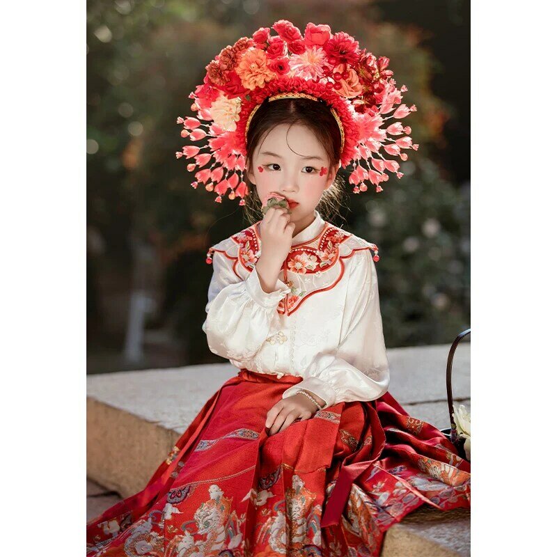 Hanfu dziewczęce wiosenne i jesienna odzież dziecko w stylu chińskim złoty koń tkackie twarz zestaw spódnic dziewczynek dynastia Ming starożytne ubrania