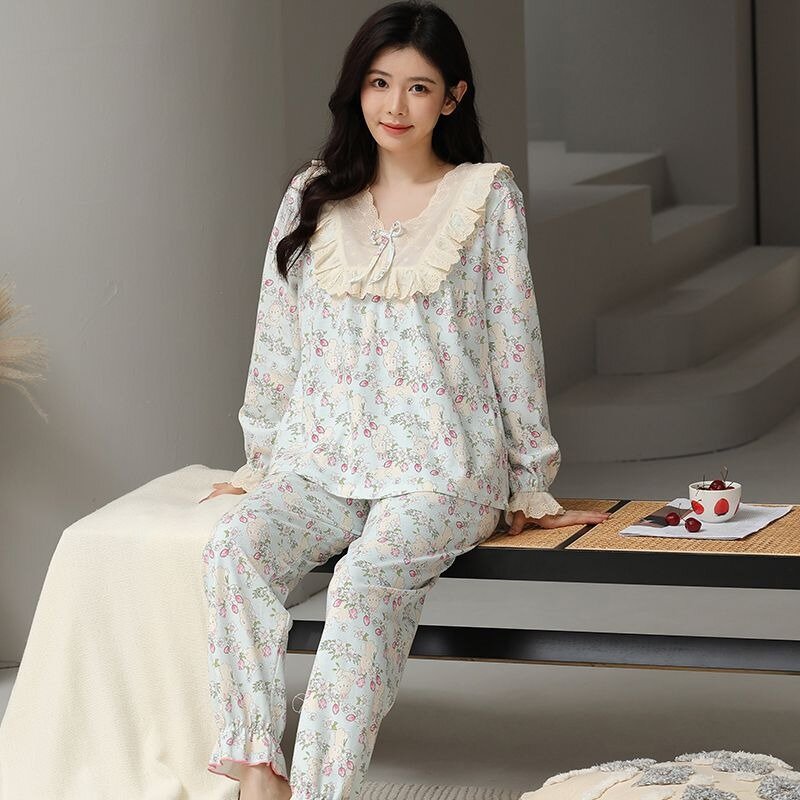 2024 New Pajamas Women Spring Autumn Pure Cotton Large Size Long Sleeve Sweet Sleepwear Set Casual Fashion V-neck Homewear Suit