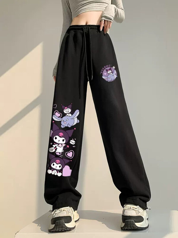 Sanurgente-Pantalon à jambes larges pour femme, taille haute, sangle décontractée, pantalon de sport, noir, mignon Kuromi, Hip Hop, esthétique des années 2000, fjomi, nouveau