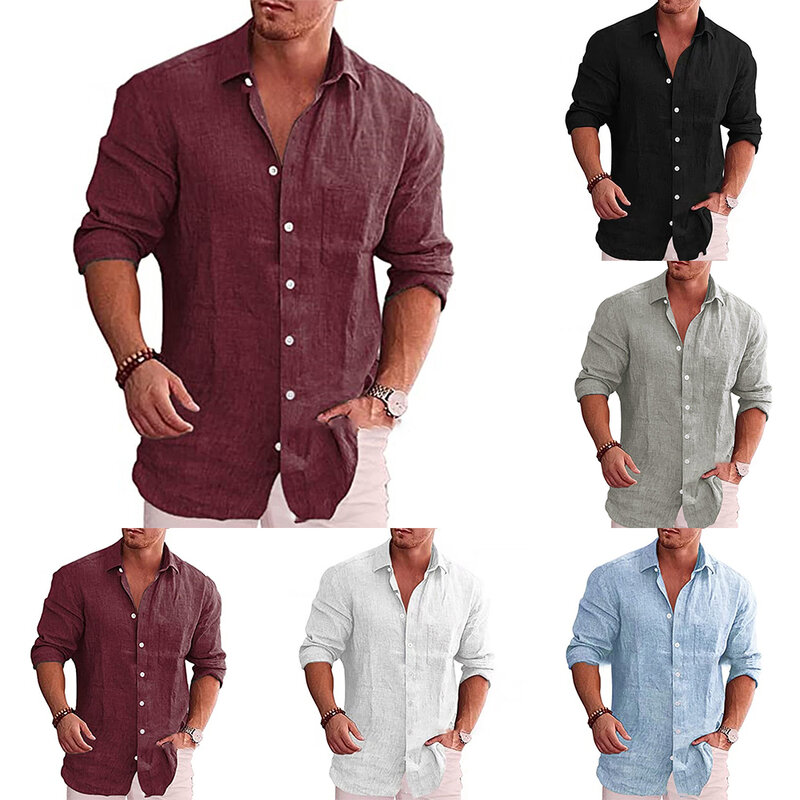 Camisa masculina de algodão de linho slim fit manga longa, tops de botão, camiseta monocromática, blusa de lapela folgada, na moda