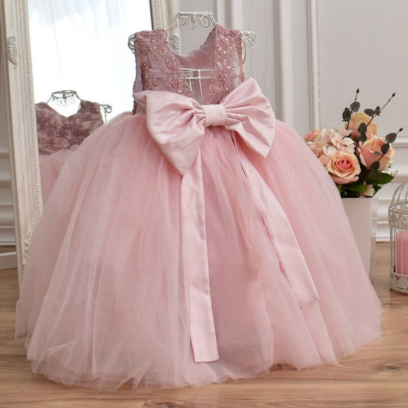 Vestidos rosa claro Flower Girl, Pérolas de tule, Applique Flory com arco, Sem mangas, Casamento, Festa de aniversário, Vestidos de banquete