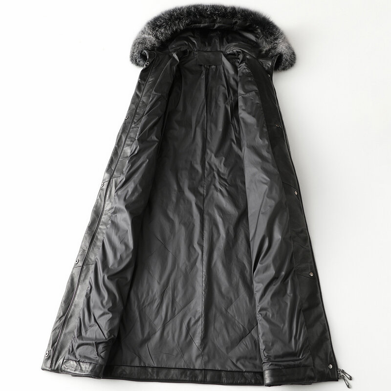 Женская зимняя куртка из натуральной кожи, черная кожаная куртка средней длины с капюшоном и лисьим воротником, модель FCY1942, 2023