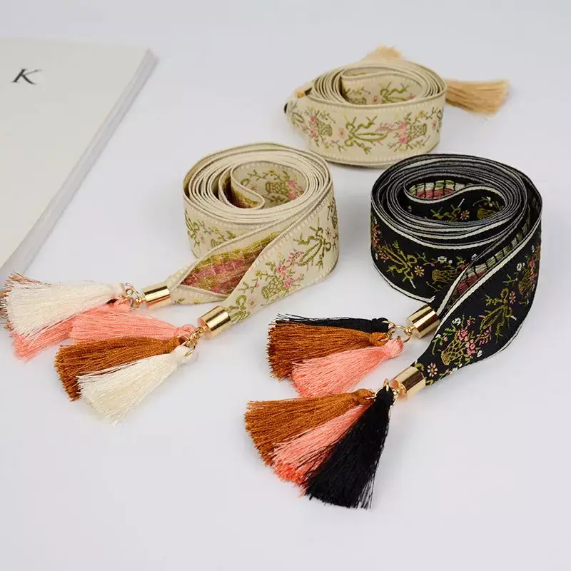 Retro Long Fine Flower Knitted Fabric Belts for Women Waist Rope Pom Pom Female for Dress Ladies Ceinture Femme Strap