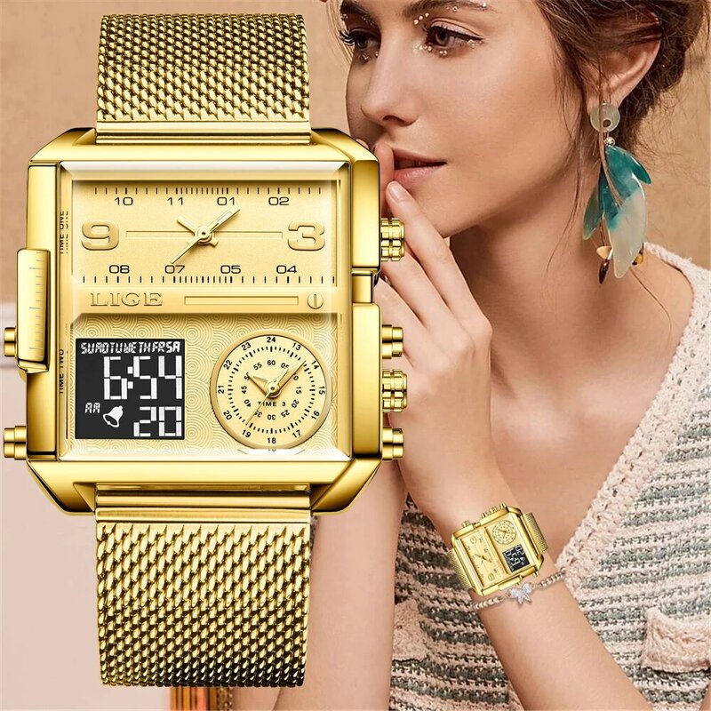 LIGE-2023 신상 골드 시계, 여성 럭셔리 크리에이티브 스퀘어 시계, 여성 패션, 듀얼 디스플레이 시계, 여성 시계, 상자 포함