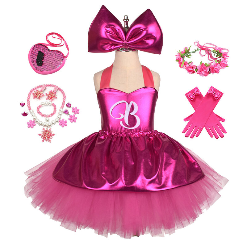 Princess Girls Rosy Knee Length Barbi Tutu Dresses for Girl Birthday Party Halloween Christmas Costumes Margot Robbie Cosplay