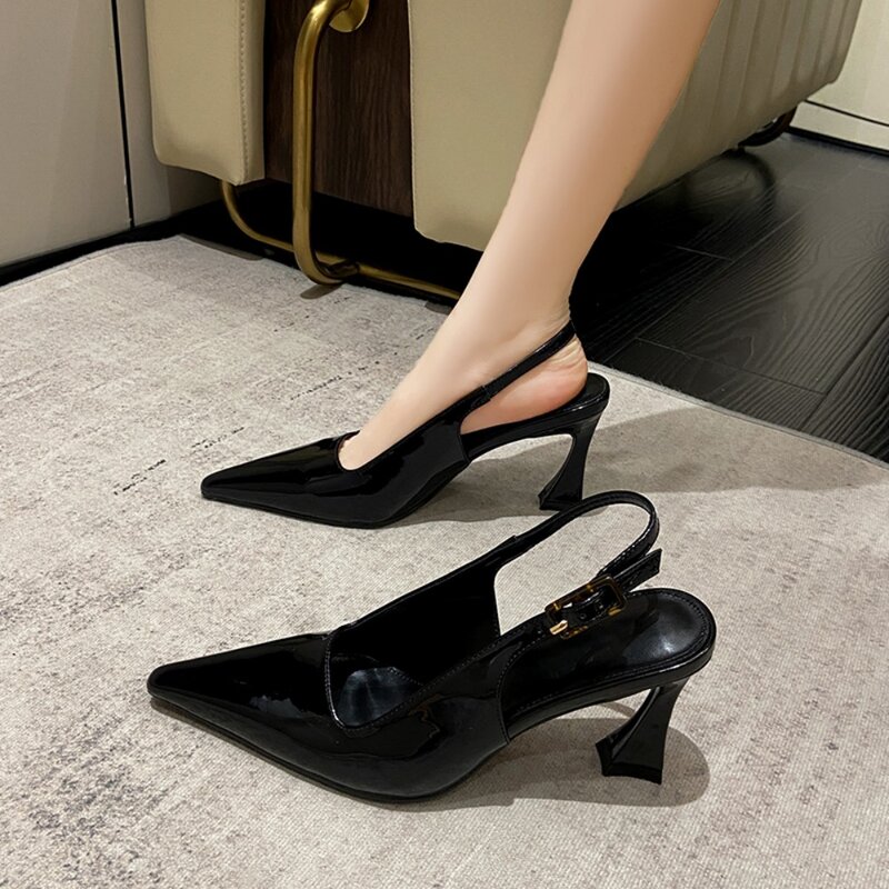 Sexy High Heels Women Pumps Square Toe Buckle Strap Runway Shoes Female Patent Leather Summer  Heels Sandals Woman