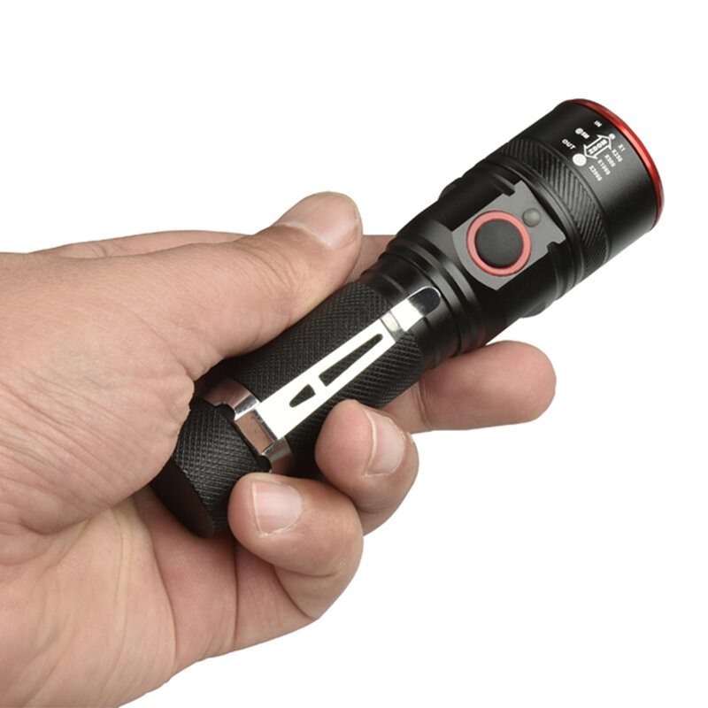 Ładowalna latarka USB T6 Led latarka z zoomem 3 tryby latarka, nadaje się do 18650 camping z kablem USB