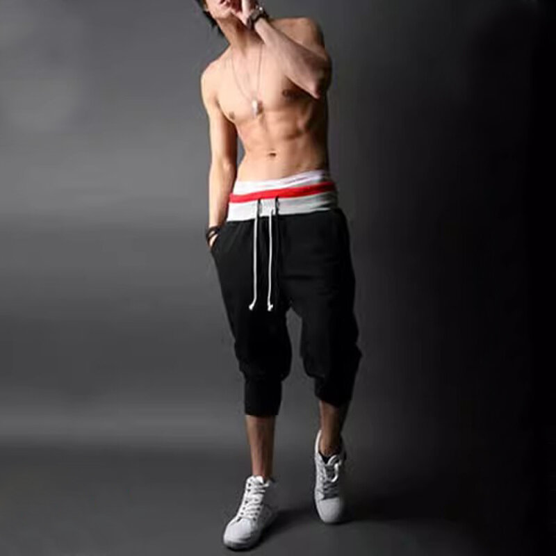 Męskie oversize sznurkiem przycięte spodnie spinany Jogger Casual Fitness Street Pant oddychające spodnie Plus Size kontrastowymi kolorami