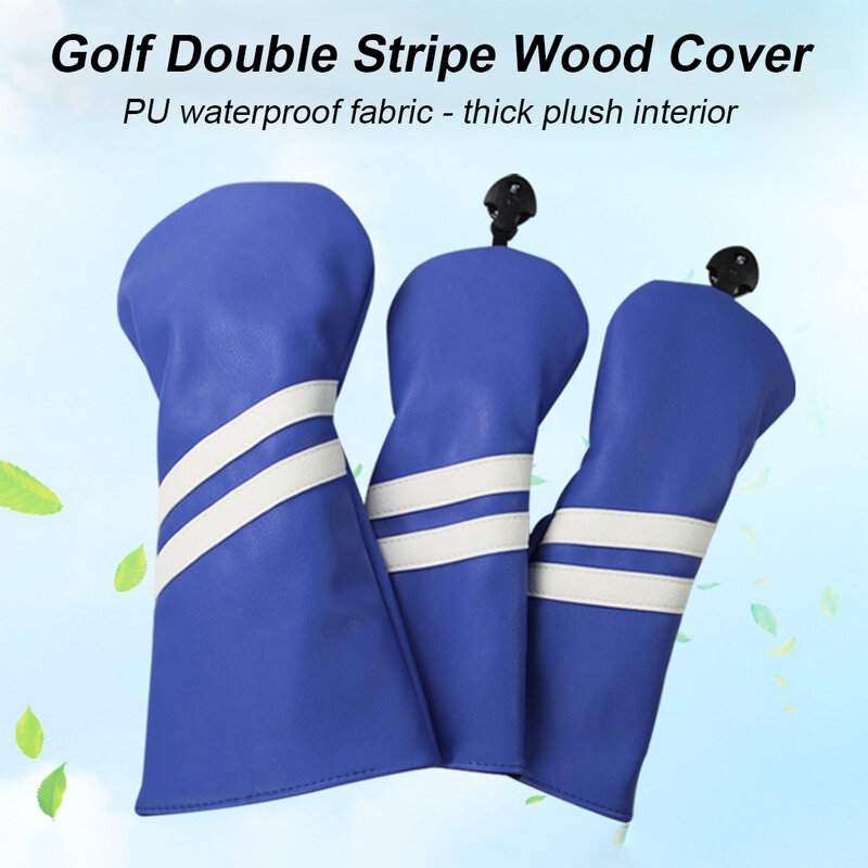 PU Double Stripe Golf Club Head Cover, Bainha protetora intercambiável, Placa giratória, Protetor de madeira, Verde, 3 Pcs/Set