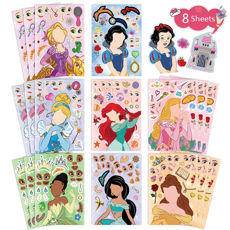 8/16 Lembar Disney Princess Puzzle Stiker Make-a-face Anak DIY Merakit Jigsaw Mainan Pendidikan Pesta Nikmat untuk Anak-anak Perempuan