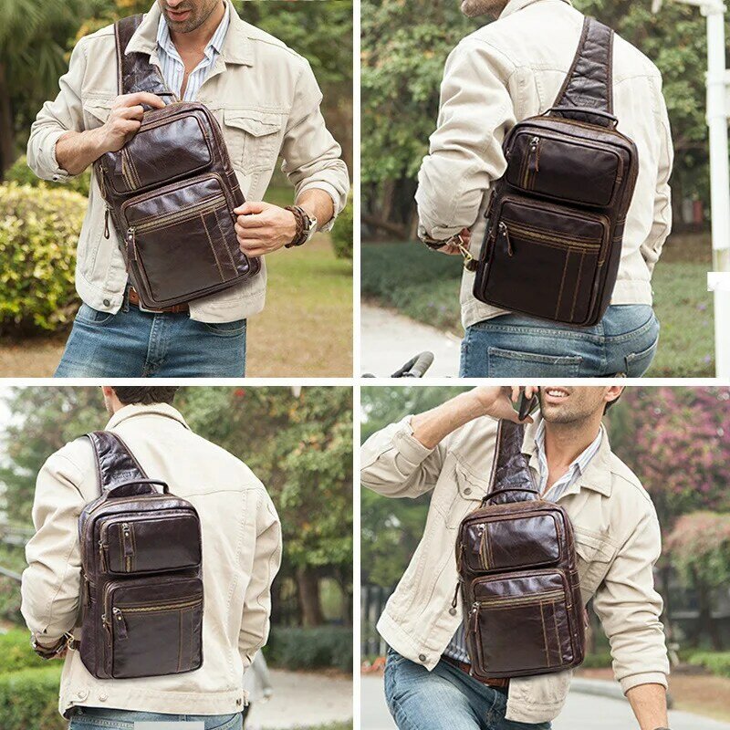 Retro Male Top Layer Cowhide Genuine Leather  Shoulder Bags Waterproof Crossbody Travel Sling Messenger Pack Chest Bag for Men
