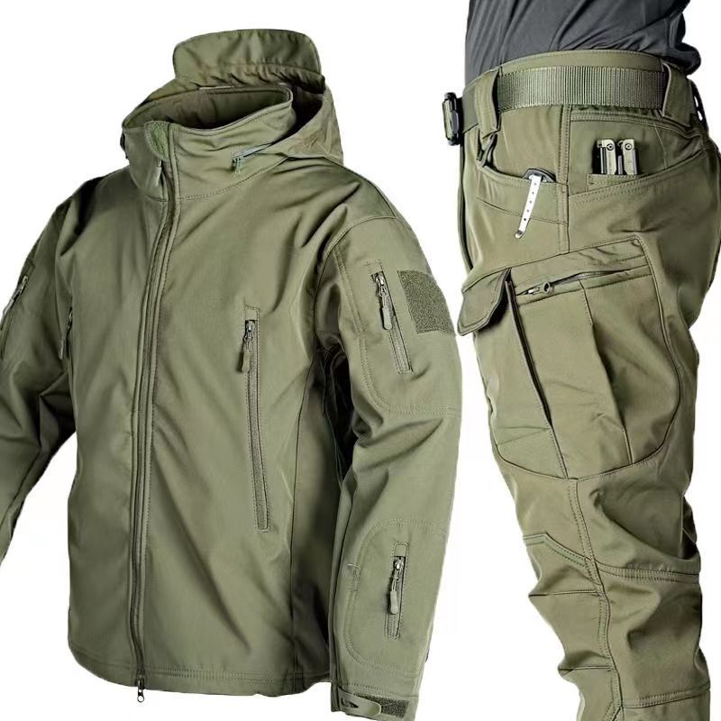 2024 겨울 특수 전술 훈련 소프트 쉘 플러시 두꺼운 방수 방풍 후드 따뜻한 재킷 및 바지, 5XL