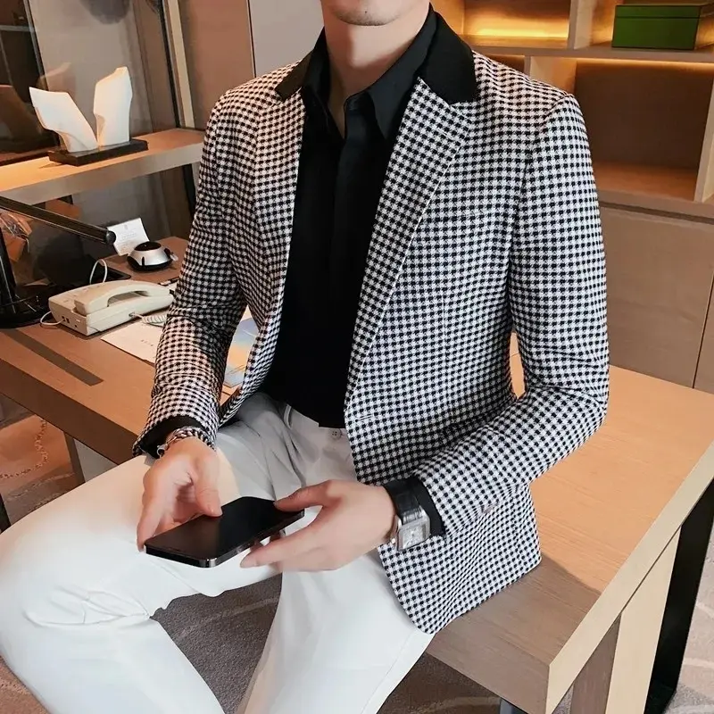 Men Spring High Quality Plaid Business Suit Jackets/Male Slim Fit Luxury Office Tuxedo/Man Brand Clothing Fashion Blazers 4XL-M