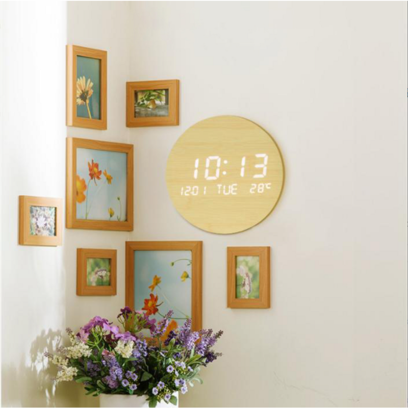 Reloj de pared LED Digital de madera para decoración del hogar, reloj de pared Circular con Cable de CC, calendario de tiempo y temperatura