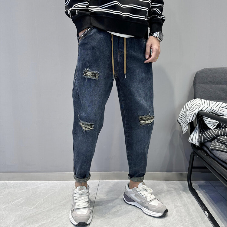 Calça jeans solta vintage masculina harém, roupa de luxo coreana, jeans punk namorado, streetwear primavera e outono, 2024
