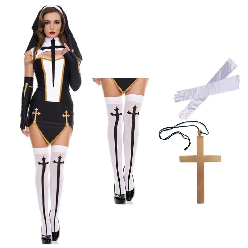 Y1UE Nun kostuum set kruis hanger ketting, non hoed kruis over knie sokken Halloween non accessoires voor dames meisjes