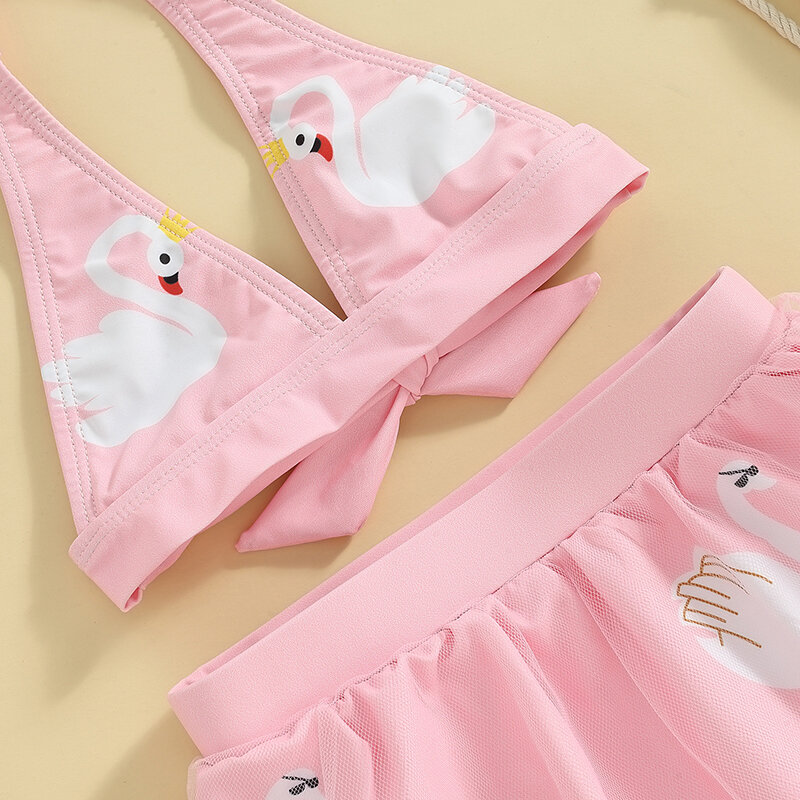 VISgogo Toddler Girls 3Pcs Swimsuits Swan Print Lace up Bikini Tops Shorts Bow Hat Summer Baby Bathing Suits Beachwear