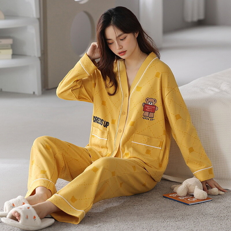2024 Winter Autumn Cute Pajama Woman Sleepwear Long Sleeve Tops Pants 2 Piece Pyjamas Solid Lingeries Sets for Women Nightwear