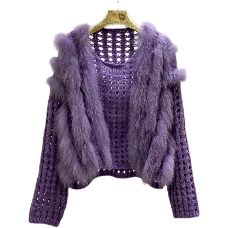 Pull en laine tricoté pour femme, manteau court, doux, chic, en poils de renard, ajouré, design rouge, nouvelle collection automne hiver 2022
