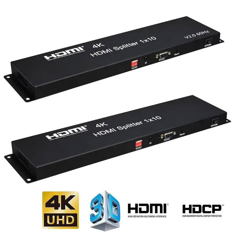 HDMI 2.0 4K HDMI Splitter, 1x10, 1080P 3D Video Converter, Distribuidor, 1 em 10 Out, RS232 para PS4, TV Box, Computador, PC para Monitor de TV