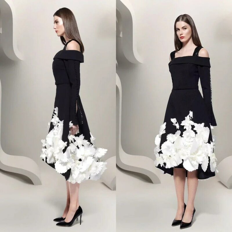Jersey Applique Ruched Birthday A-line Square Neck Bespoke Occasion Gown Midi Dresses