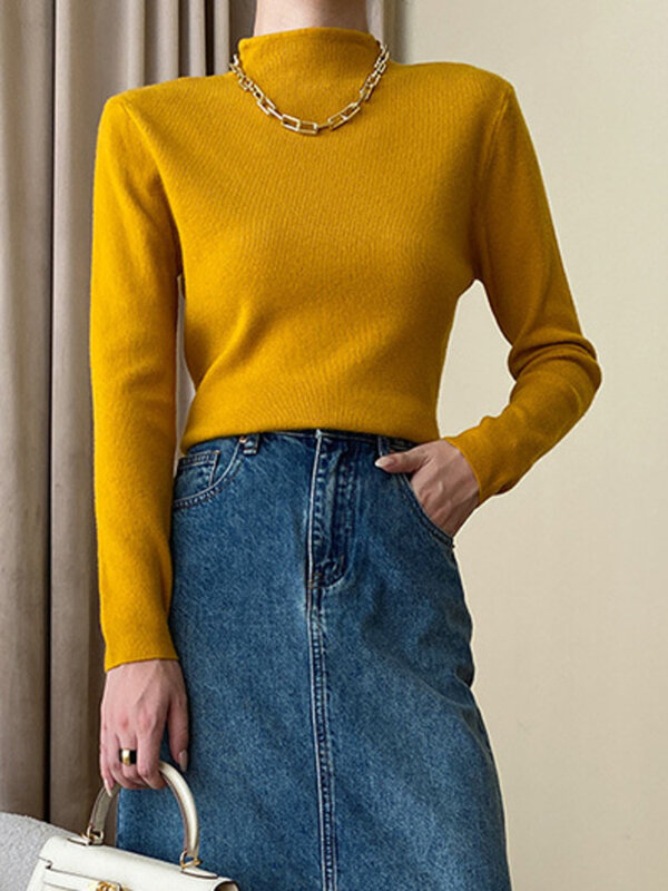 Khaki Multi Color Slim Knitting Sweater Mock Neck Long Sleeve Women Pullovers New Fashion Tide Spring Autumn  O626