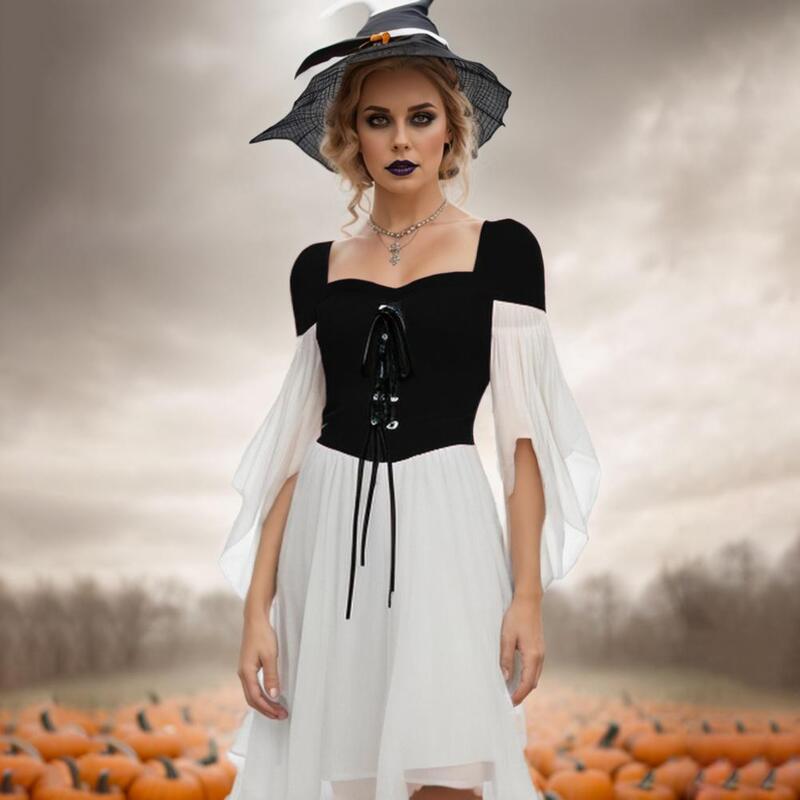 Retro w stylu średniowiecznym sukienka czarownicy Halloween gotycki kostium koktajlowy sukienka rękaw w kształcie skrzydła nietoperza wąska sukienka damska potańcówka
