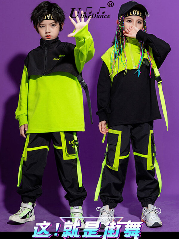 Celana kargo Hip Hop untuk anak perempuan, pakaian Hip Hop kostum Jazz warna hijau, celana kargo Hip Hop, pakaian dansa Modern untuk anak-anak