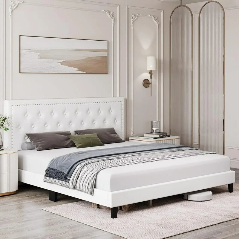 Marco de cama tapizado tamaño Queen con cabecero ajustable, cama de plataforma con botón, cabecero copetudo