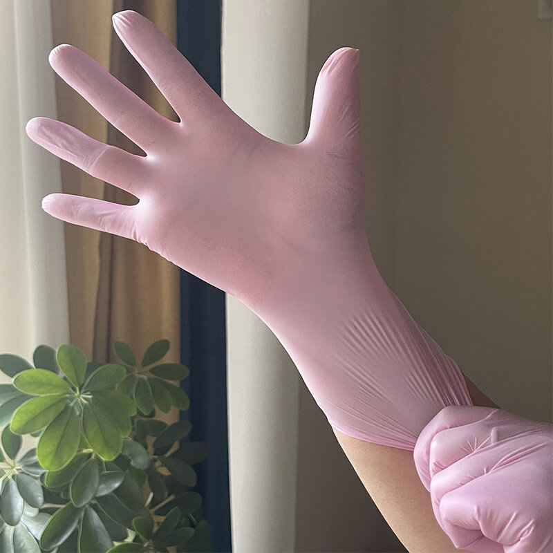 Sarung tangan nitril sekali pakai, 100/50/20 buah sarung tangan Anti statis tahan lama merah muda ringan untuk alat memasak dapur