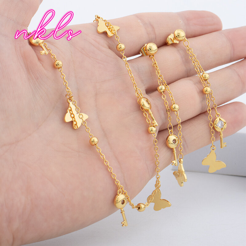 Kunci kecil untuk pesta pernikahan, Set perhiasan warna emas Dubai, anting-anting menjuntai besar, kalung rantai panjang liontin kunci kecil